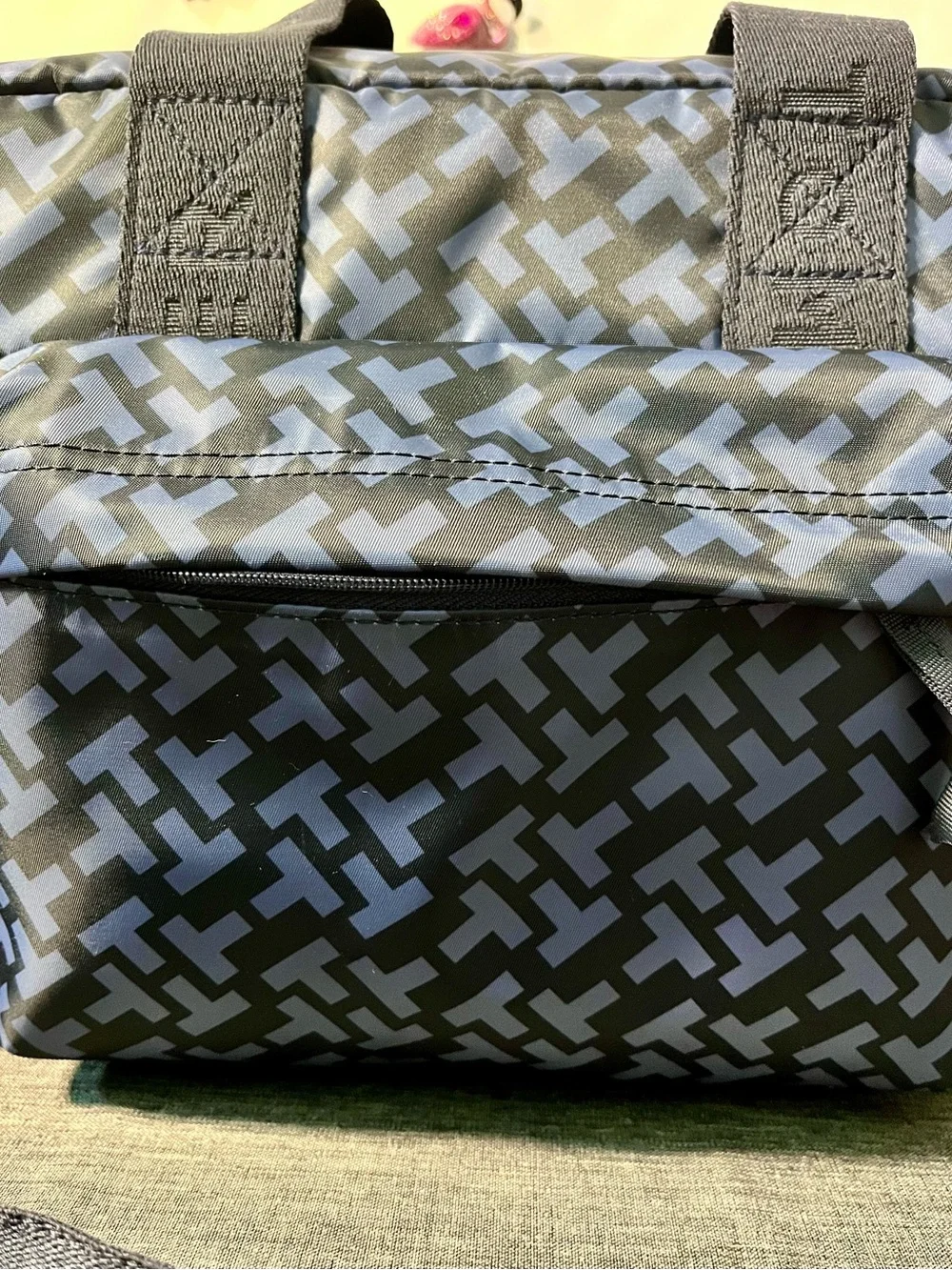 NWT Tommy Hilfiger Navy and Black Geometric Duffel Bag retail tag: $148